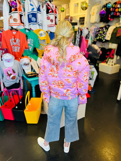 Floral Print Puffer Hooded Jacket