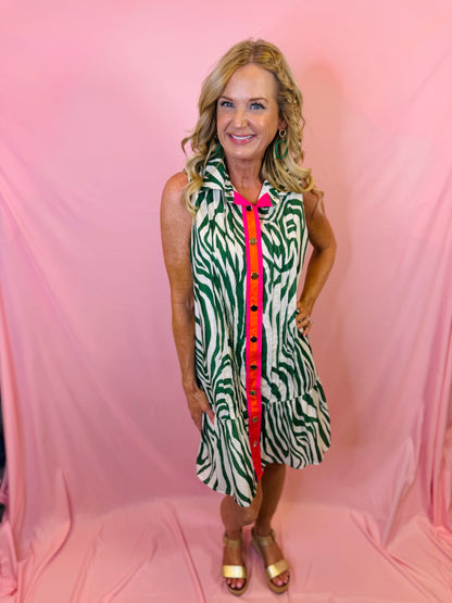 Green Zebra Button Up Dress