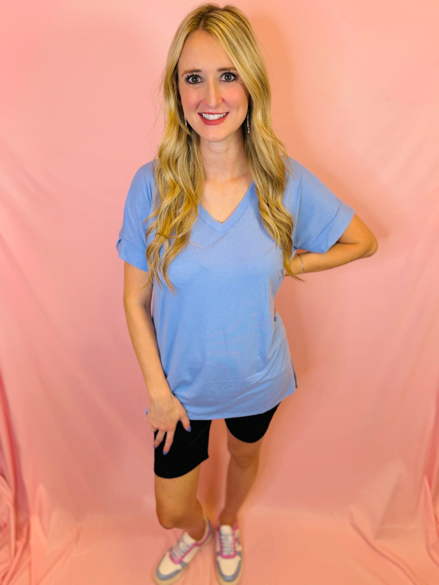 Spring Blue Rolled Sleeve V-Neck Top