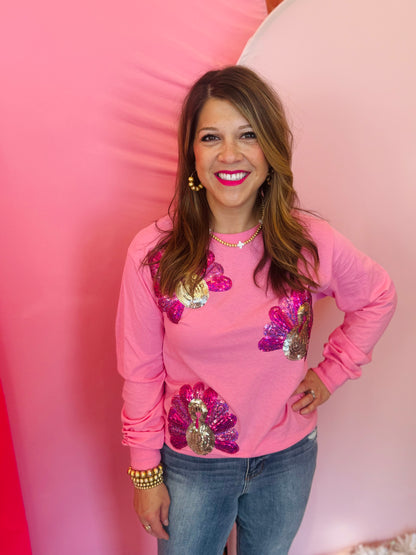 Pink Sequin Turkey Long Sleeve Tee