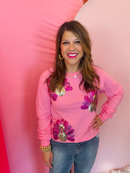 Pink Sequin Turkey Long Sleeve Tee