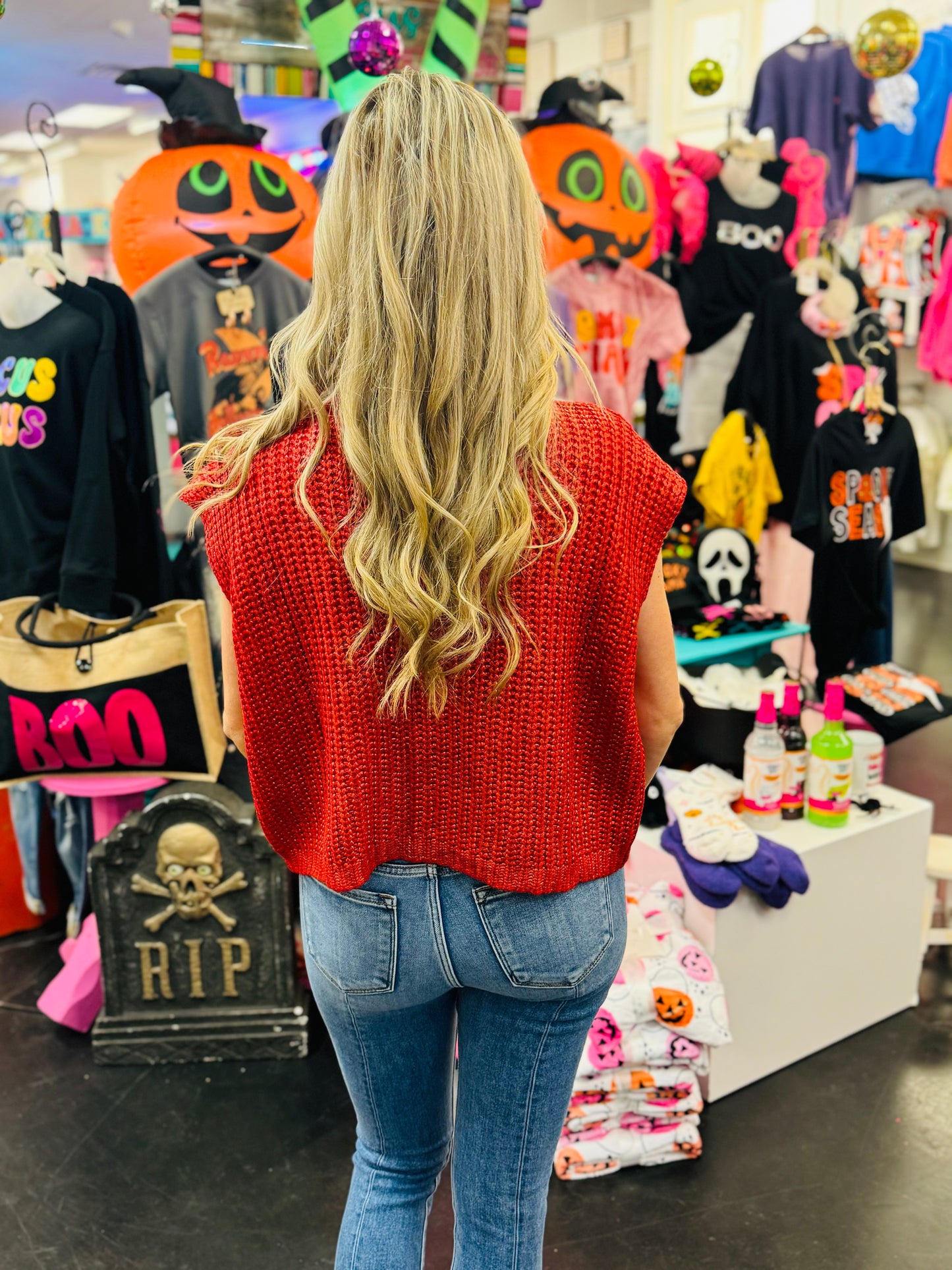 Red Metallic Foil Sweater Top