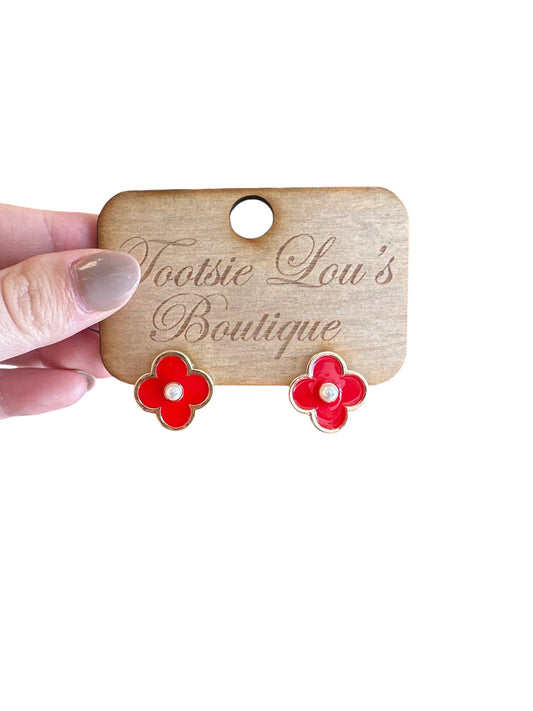 Red Clover Pearl Stud Earrings