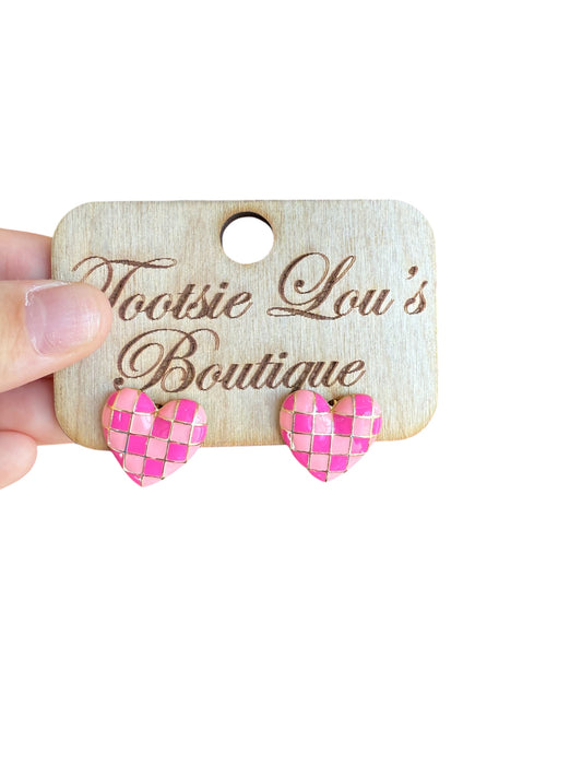 Pink Checkered Heart Studs