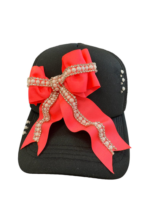 Black & Neon Coral Pearl Ribbon Trucker Hat