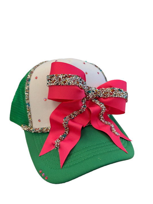 Green & Pink Rhinestone Ribbon Trucker Hat