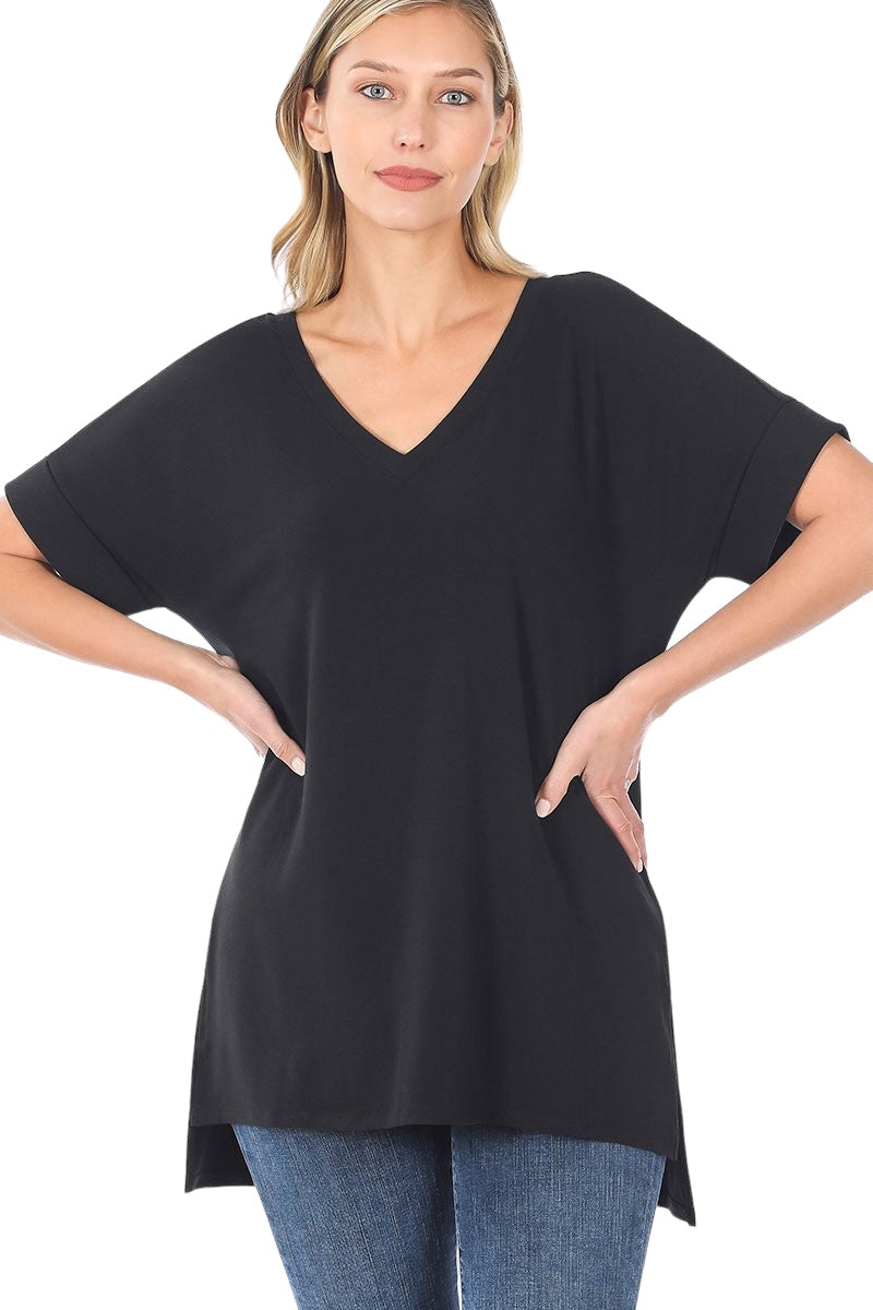 Black Rolled Sleeve V-Neck Top