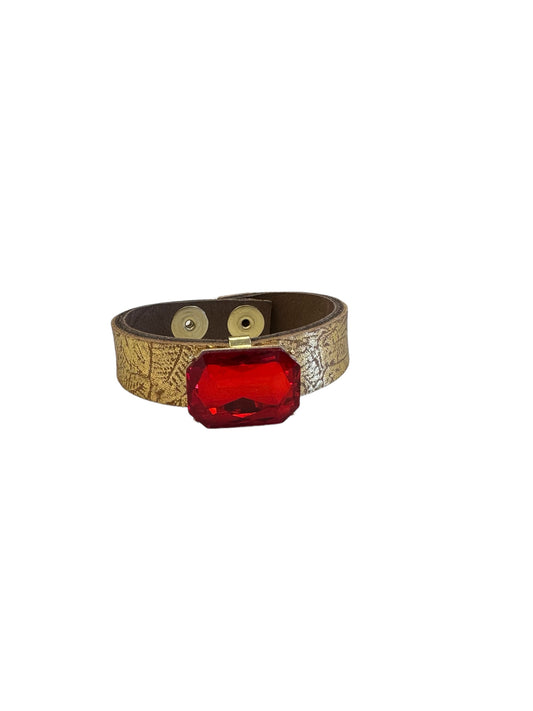 Gold Leather Cuff & Red Rhinestone Bracelet