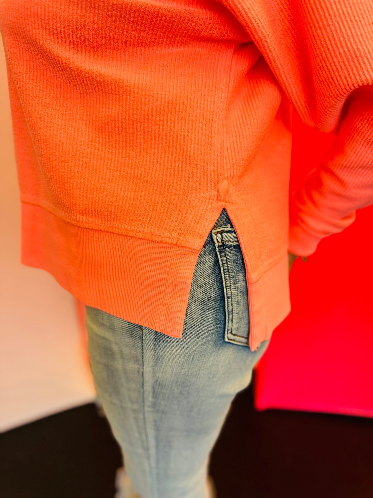 Neon Coral Slit Corded Crew