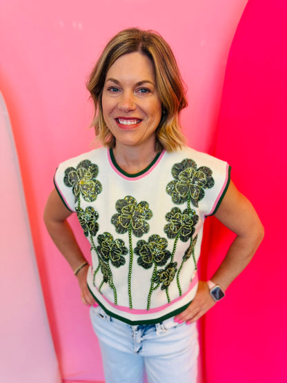 Queen Of Sparkles Pink Striped Shamrock Top