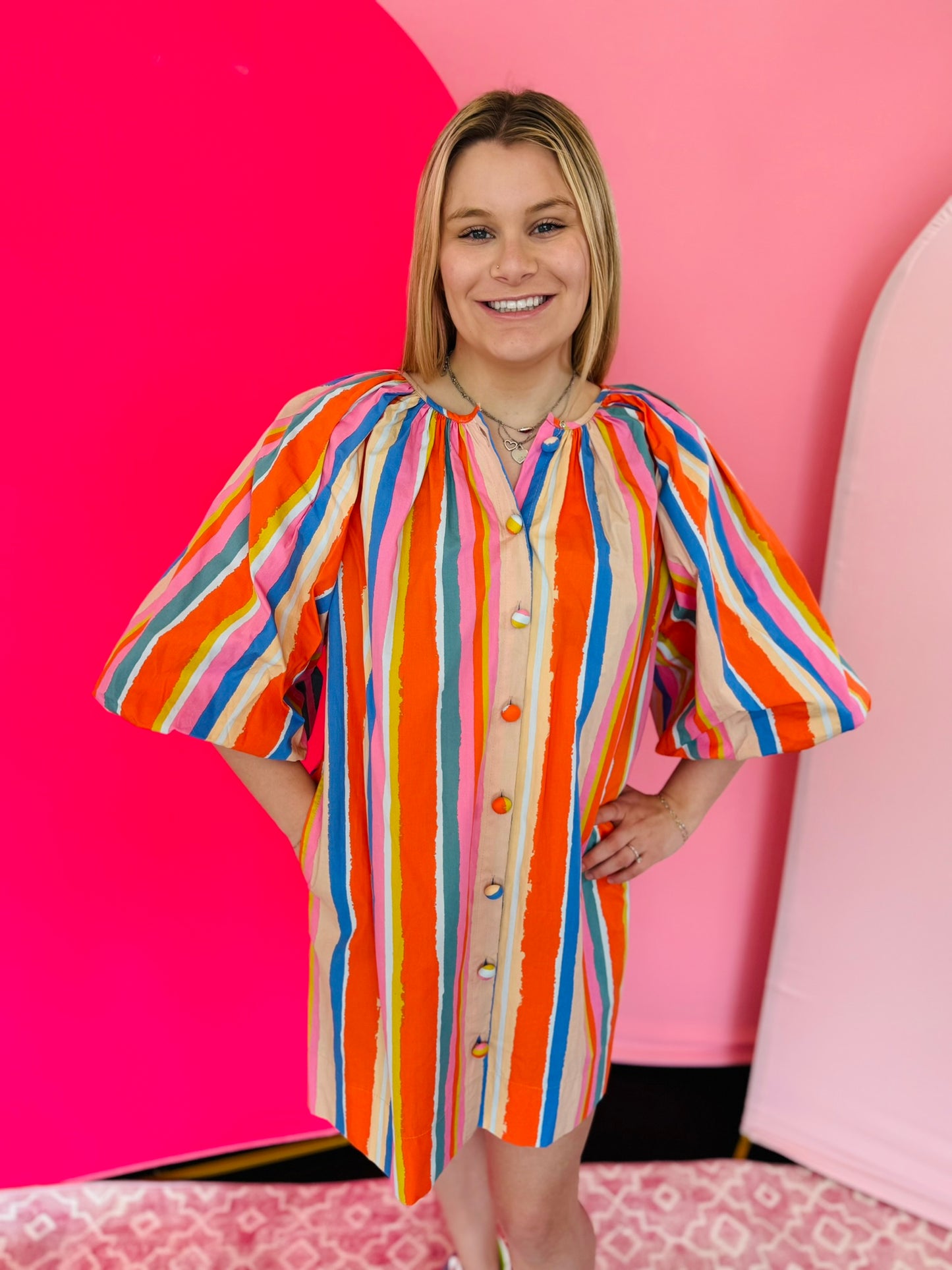 Orange Multi Stripe Puff Sleeve Dress