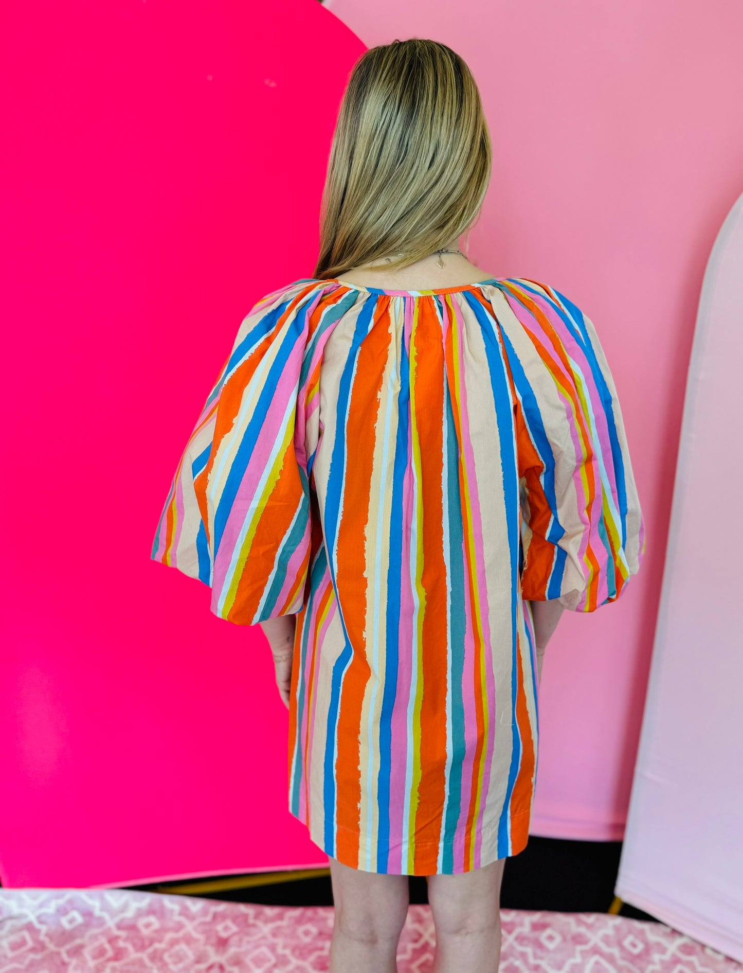 Orange Multi Stripe Puff Sleeve Dress