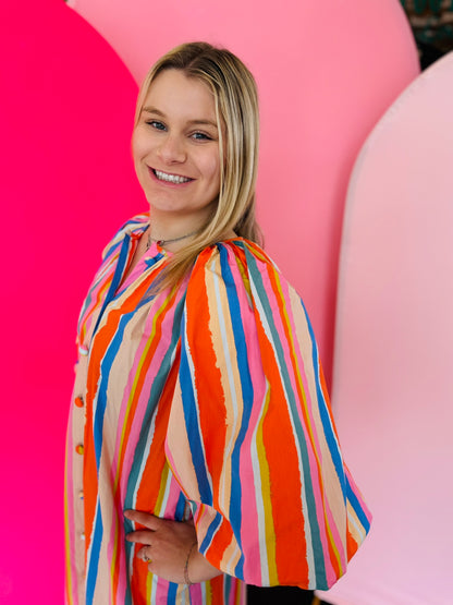 Orange Multi Stripe Puff Sleeve Dress