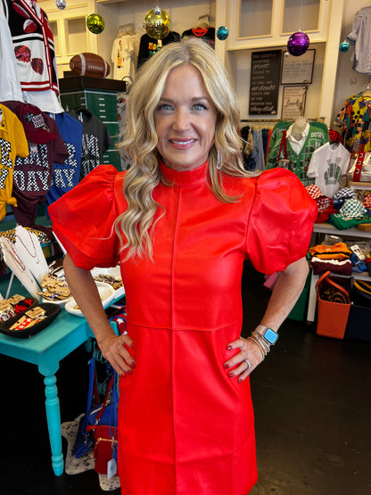 Red Puff Sleeve Leather Midi Dress