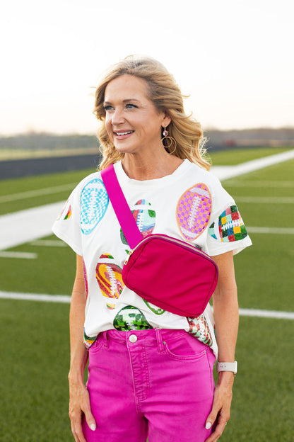 Queen Of Sparkles White Groovy Scattered Football Tee