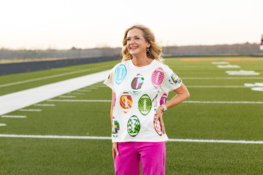 Queen Of Sparkles White Groovy Scattered Football Tee