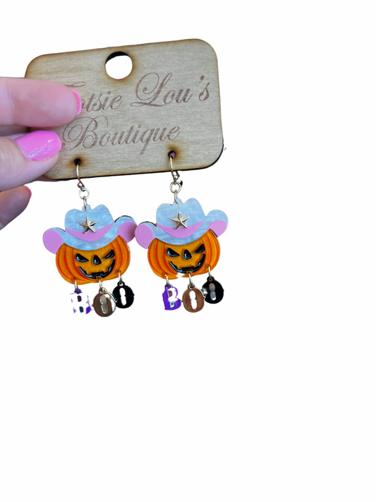 Pink Cowgirl Jack-O-Lantern Earrings