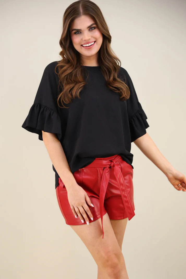 Black Rebecca Ruffle Sleeve Top