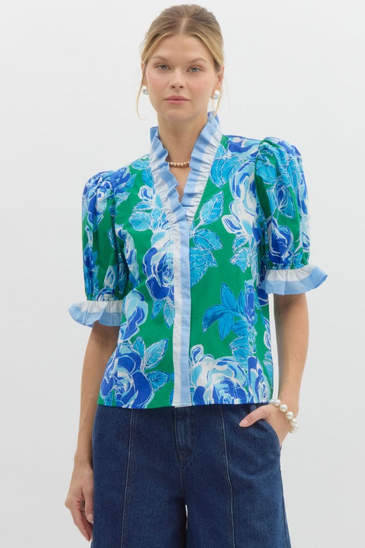 Green & Blue Floral Print Top