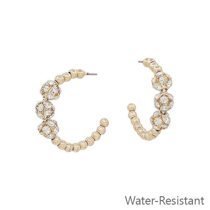 Gold Beaded Pave Hoop Earrings (Water Resistant)