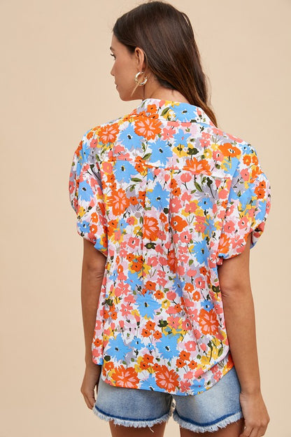 Coral Floral Puff Sleeve Top