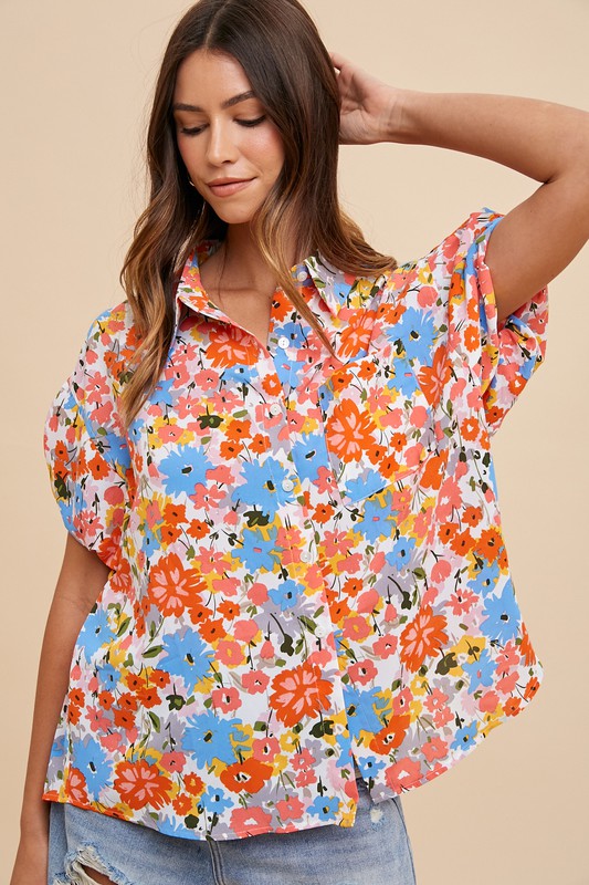 Coral Floral Puff Sleeve Top