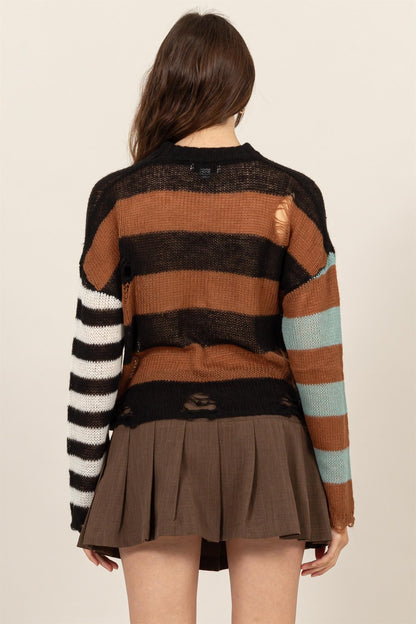 Brown Floral Striped Sweater