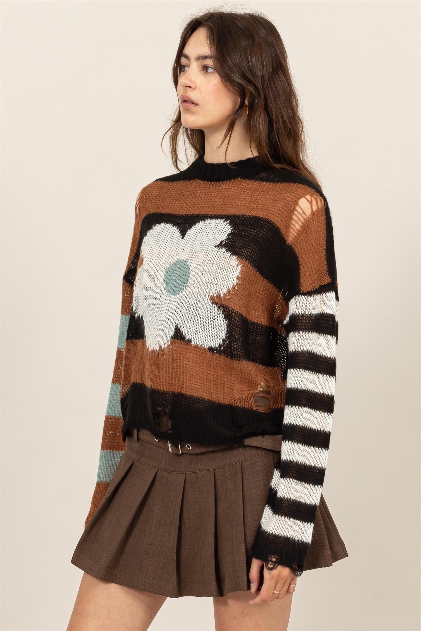 Brown Floral Striped Sweater