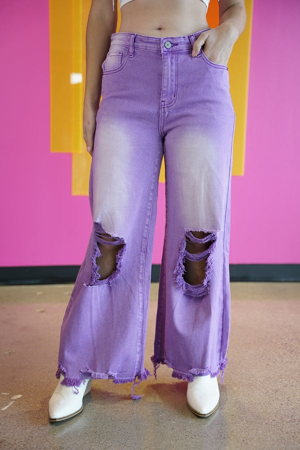 Lavender Distressed Tummy Control Crop Jeans