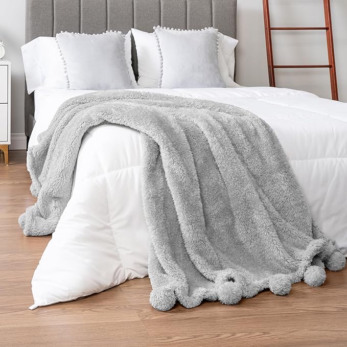 Light Gray Pom Pom Cozy Blanket