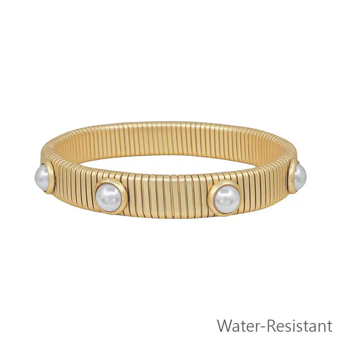 Ribbed Pearl Stretch Bracelet (Water Resistant)