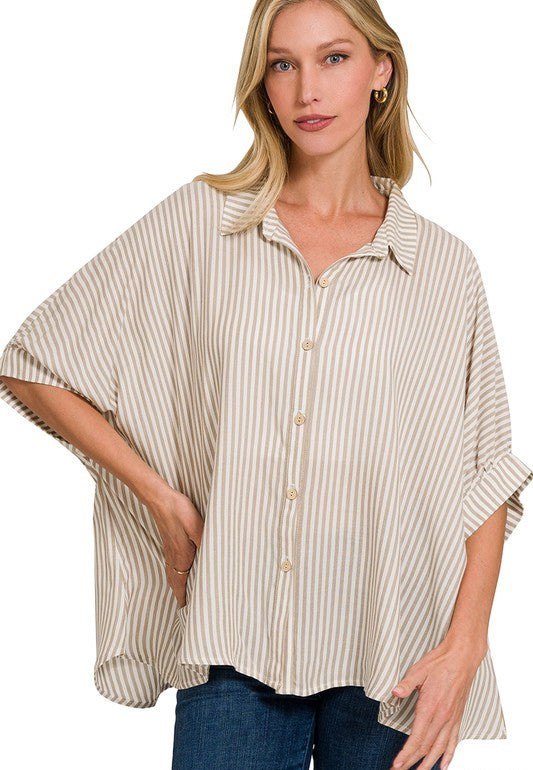 Taupe Striped Button Up Top