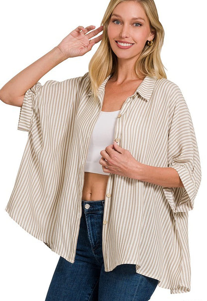 Taupe Striped Button Up Top