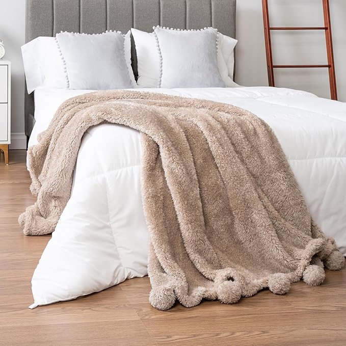 Taupe Pom Pom Cozy Blanket