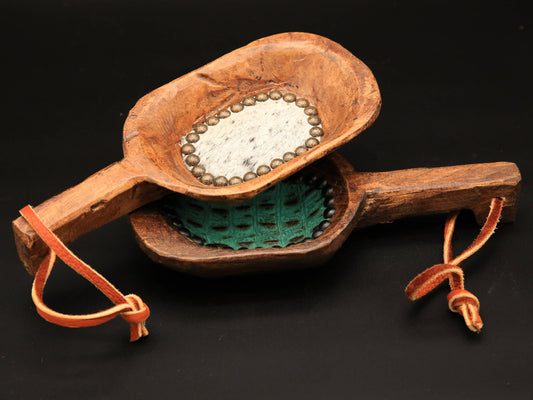 Beaded Wooden Scoop with Embossed Leather and Cowhide