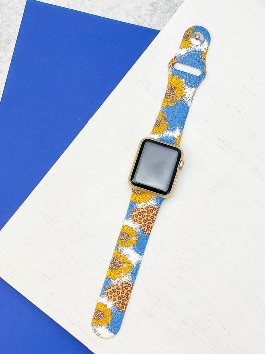 Cheetah Sunflower & Denim Printed Silicone Smart Watch Band