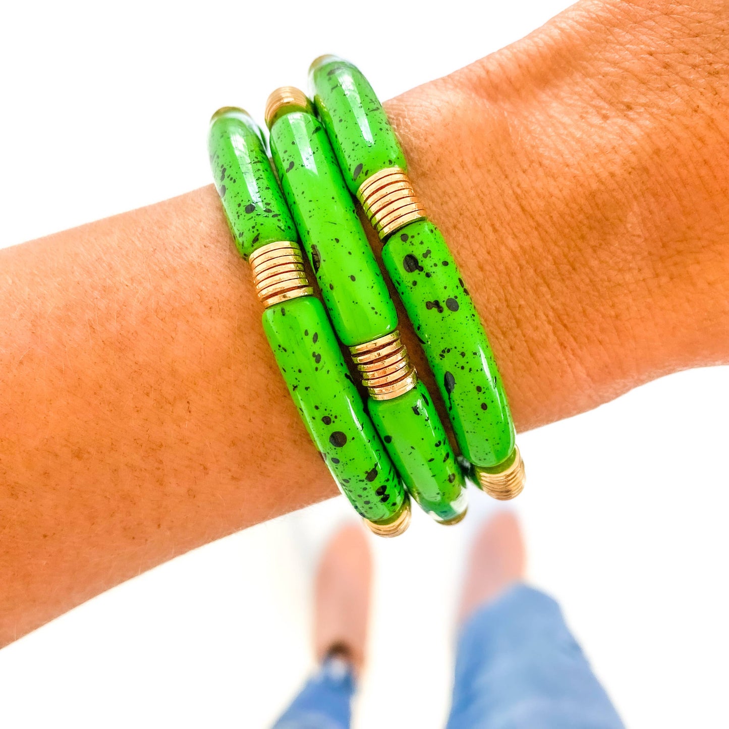 Green Speckle & Gold Disc Bracelet