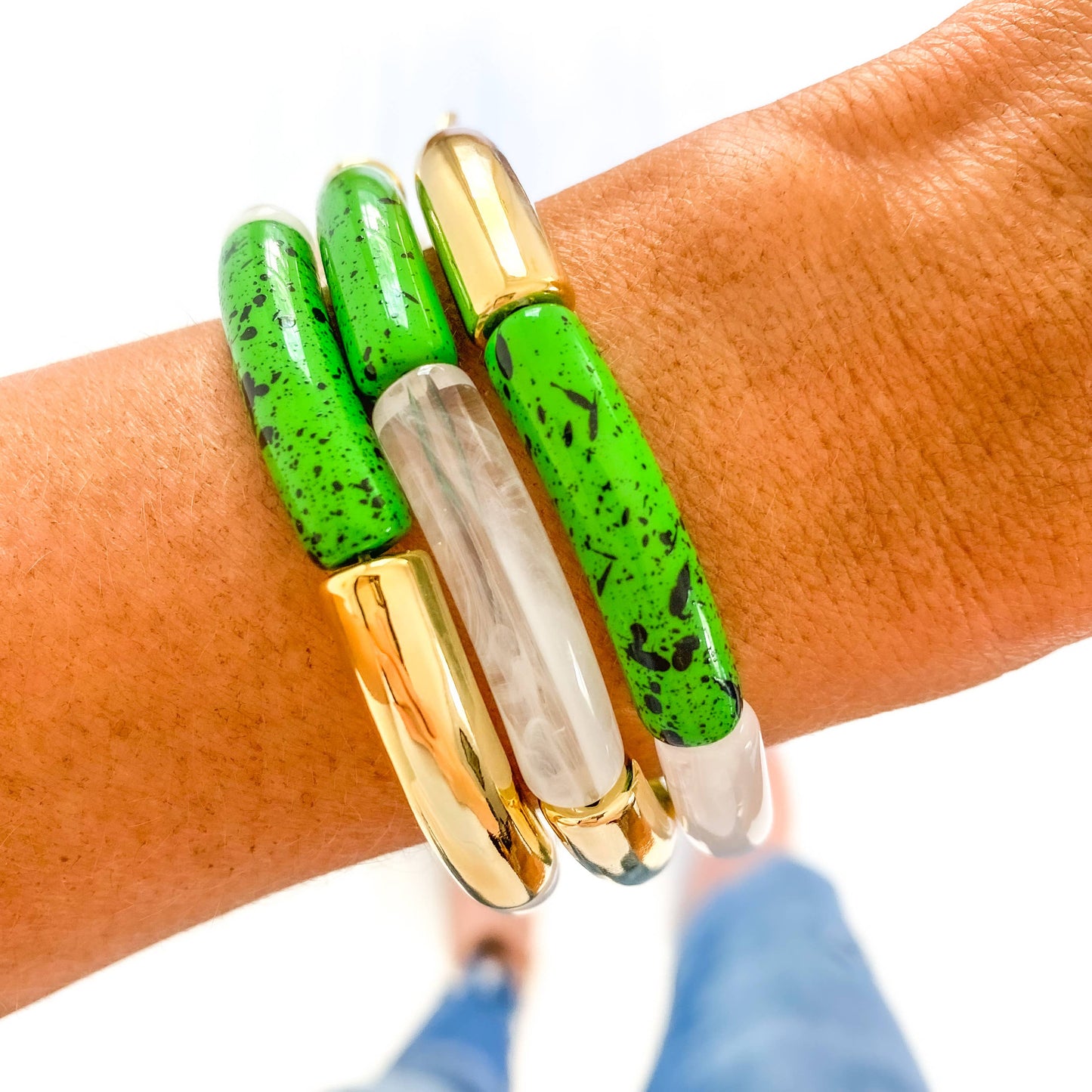 Green Speckle, Gold & White Acrylic Tube Bracelet