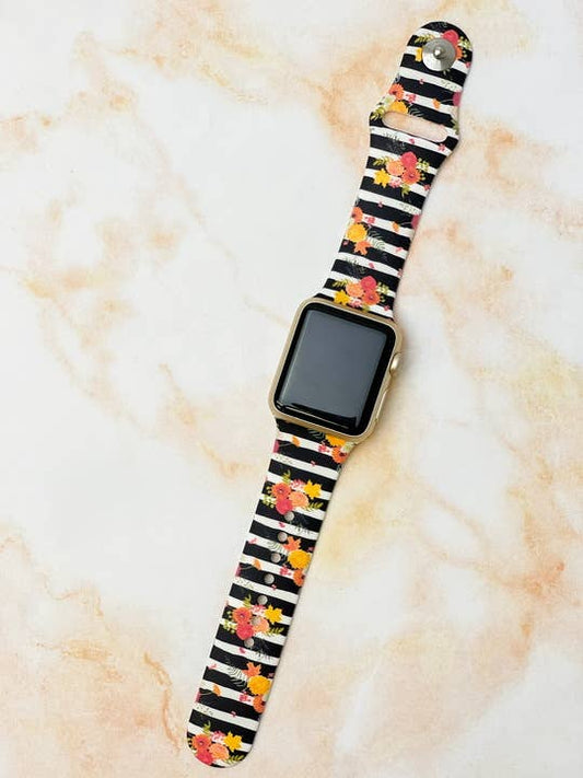 Black Stripe Flower Print Silicone Smart Watch Band