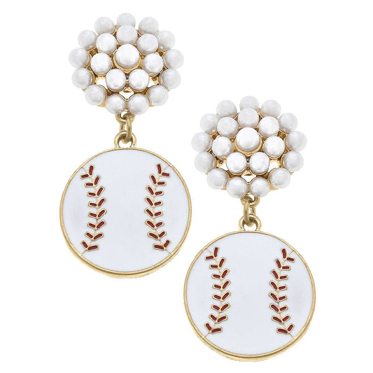 Baseball Pearl Cluster Enamel Drop Earrings