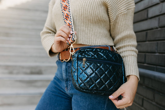 Navy Metallic Quilted Crossbody Bag