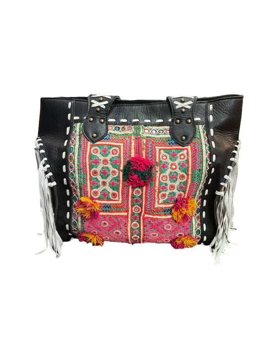 Vintage Fabric And Black Leather Fringed Bag