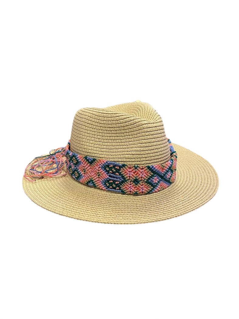Wide Mexican Braided Hat Band - Pink, Tan, Emerald, Coral, Periwinkle