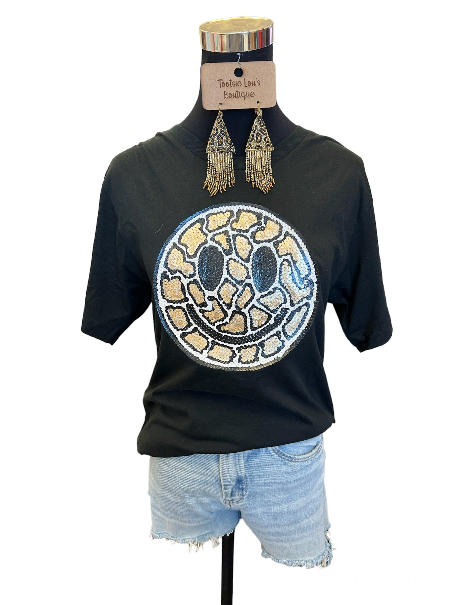 Leopard Sequin Smiley Face Tee