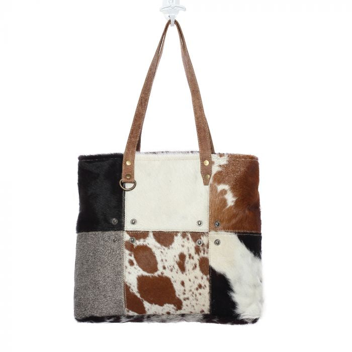 Multi Patch Cowhide Tote Bag